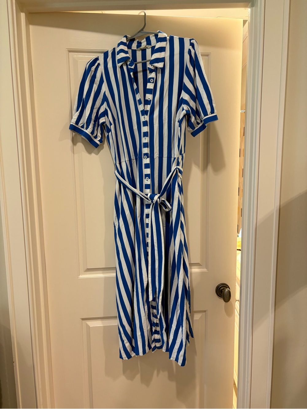 Biden Blue & White Striped Button-Front Shirt Dress with Tie Waist
